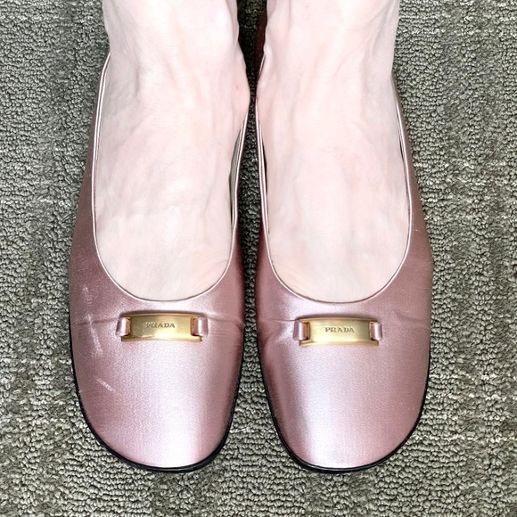 PRADA pink satin ballet flats w/ gold color buckle engraved with PRADA - Picture 9 of 14
